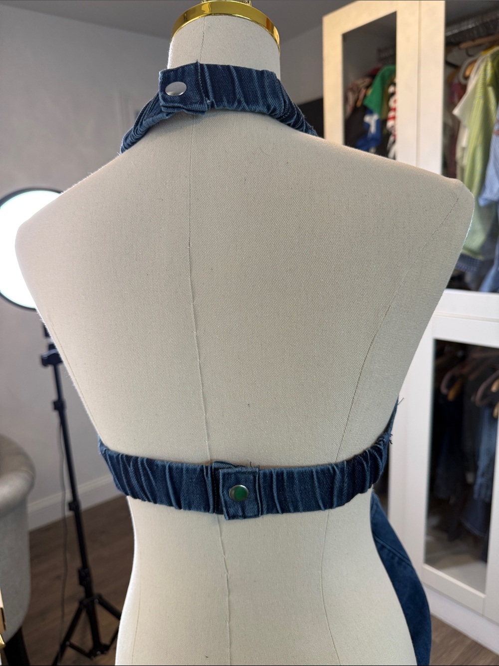 Denim Halter Wide-Leg Jeans - Indigo Blue - Picture 3 of 3